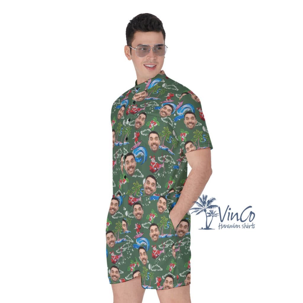 Funny Surfing Santa Custom Face Christmas Hawaiian Romper For Men