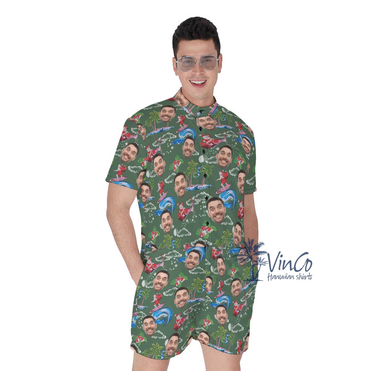Funny Surfing Santa Custom Face Christmas Hawaiian Romper For Men