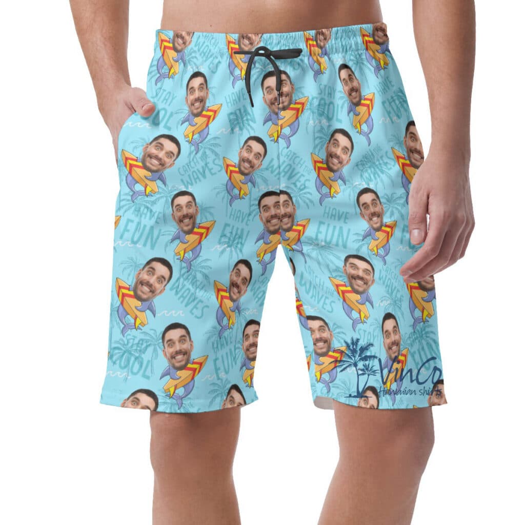 Funny Surfing Shark Custom Face Hawaiian Beach Shorts For Men