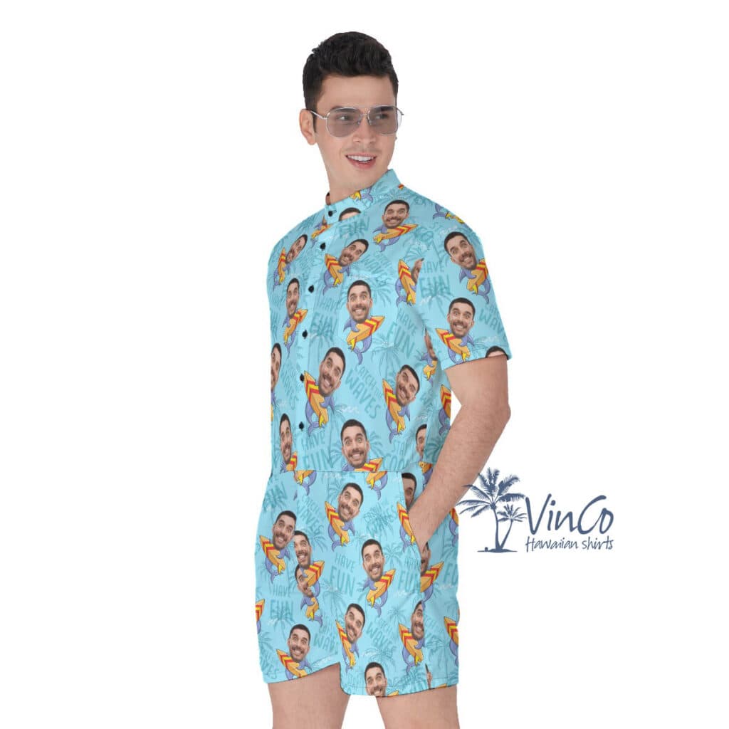 Funny Surfing Shark Custom Face Hawaiian Romper For Men