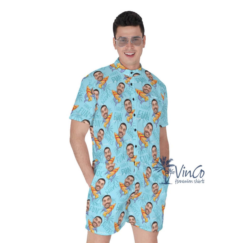 Funny Surfing Shark Custom Face Hawaiian Romper For Men