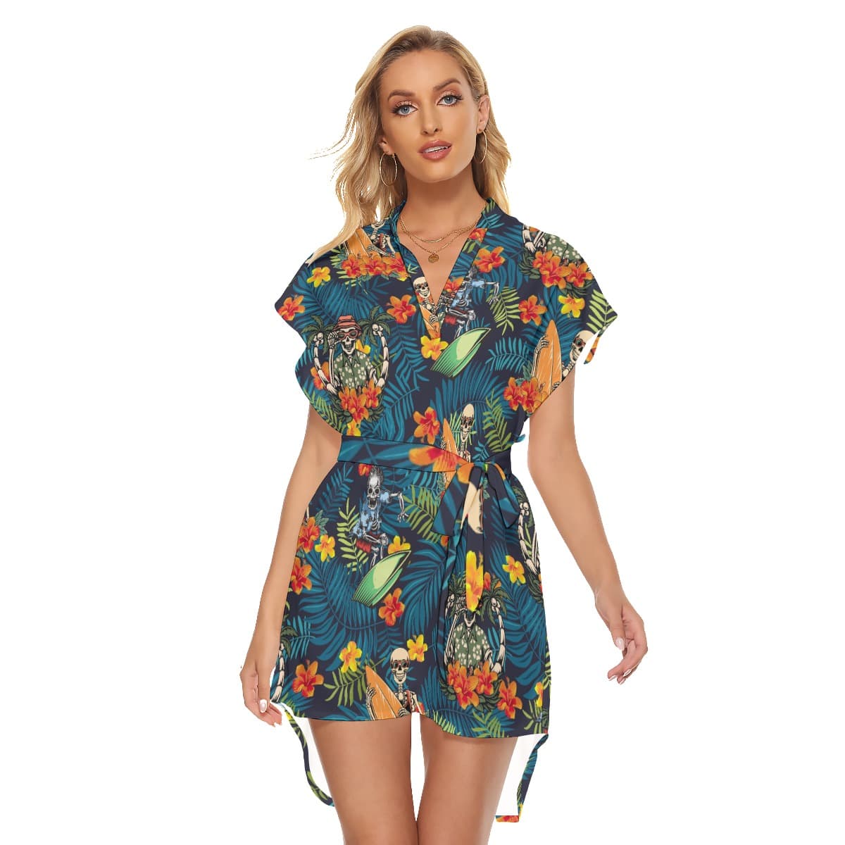 Funny Surfing Skeleton Summer Hawaiian Dresses With Belt (1)