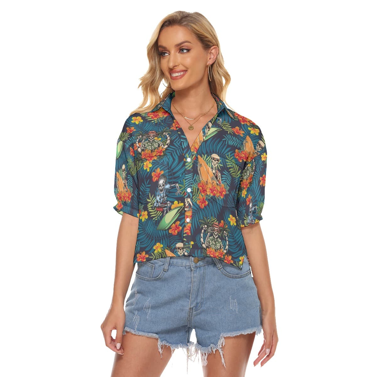 Funny Surfing Skeleton Tropical Hawaiian Crop Top Shirt For Women (4)