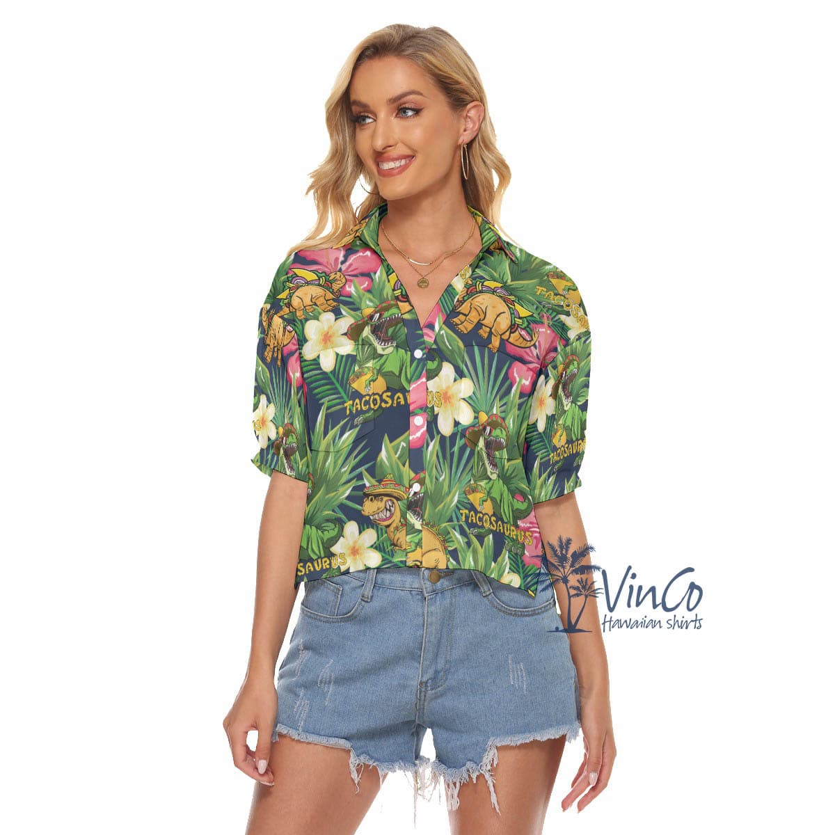 Funny Tacosaurus Tropical Aloha Crop Top Shirt