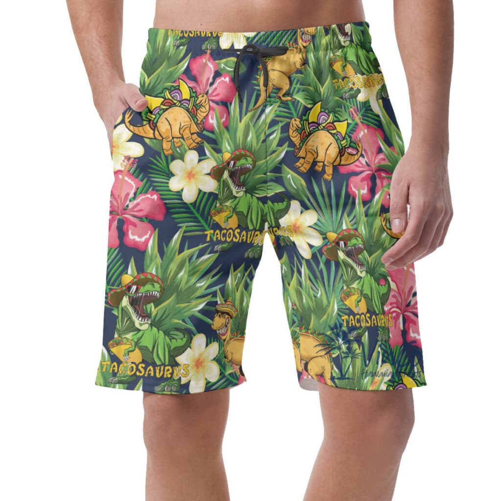 Funny Tacosaurus Tropical Hawaiian Beach Shorts For Men