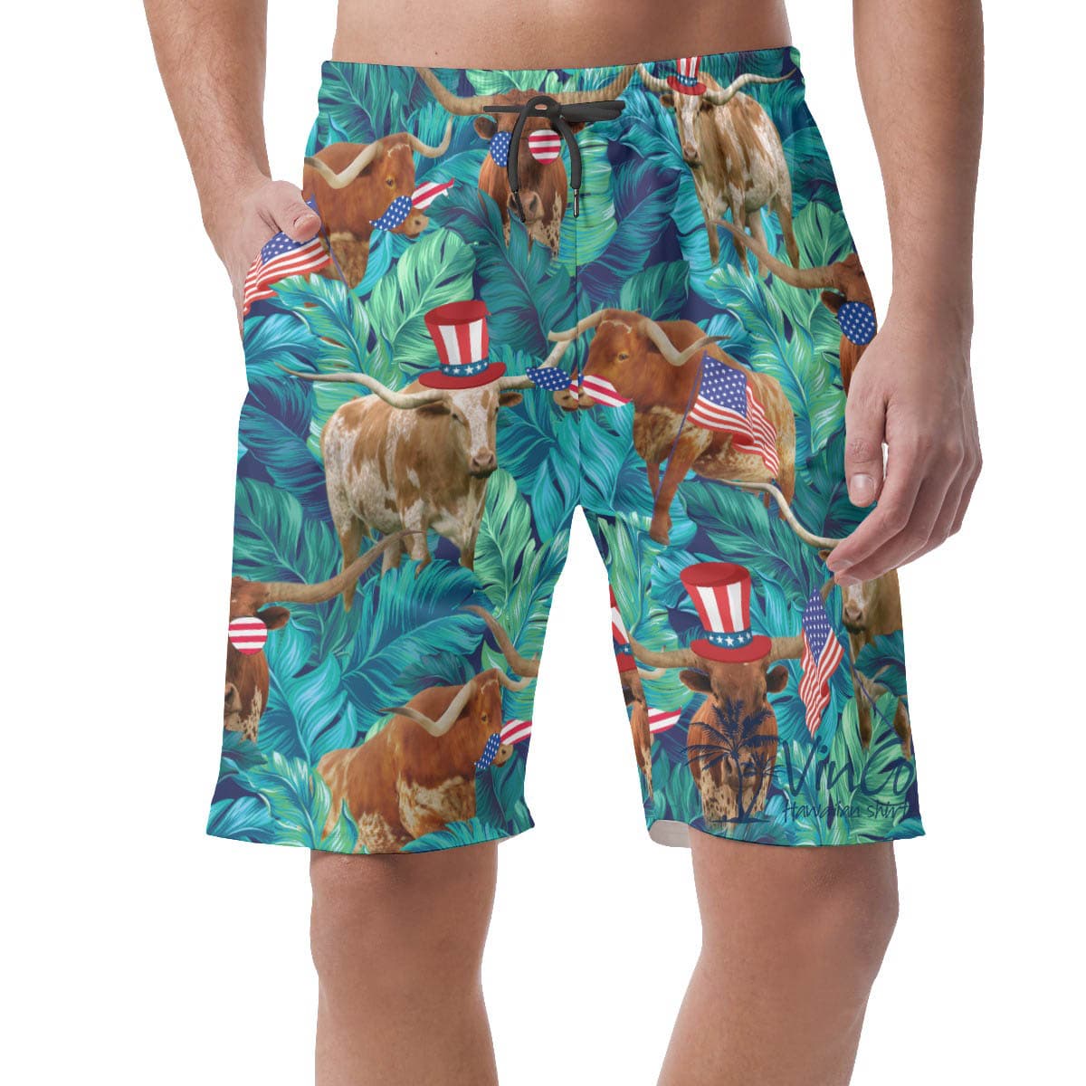 Funny Texas Longhorn American Hat Hawaiian Beach Shorts For Men