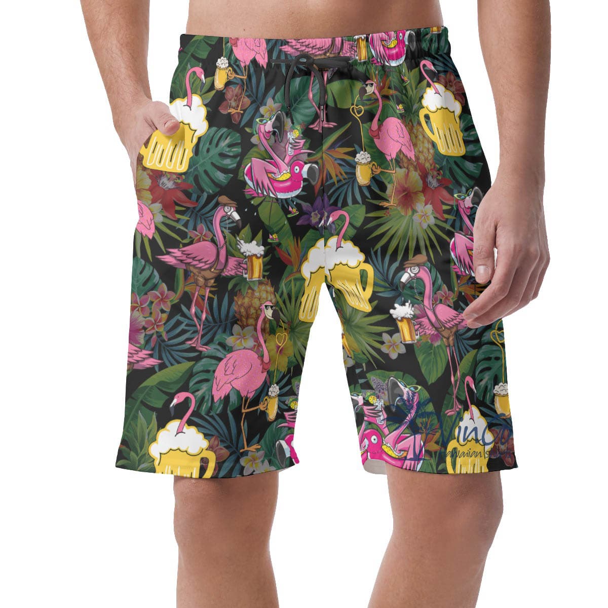 Funny Tropical Flamingo Beer Hawaiian Beach Shorts For Men