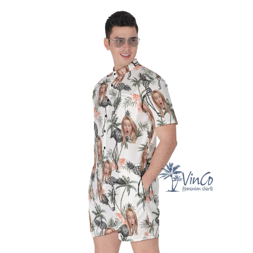 Funny Tropical Flamingo Pineapple Custom Face Men's Hawaiian Romper