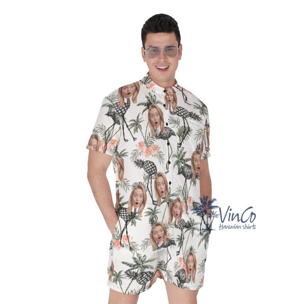 Funny Tropical Flamingo Pineapple Custom Face Men's Hawaiian Romper