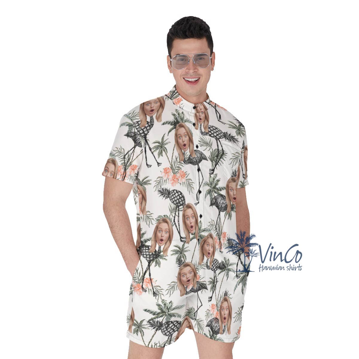 Funny Tropical Flamingo Pineapple Custom Face Men's Hawaiian Romper