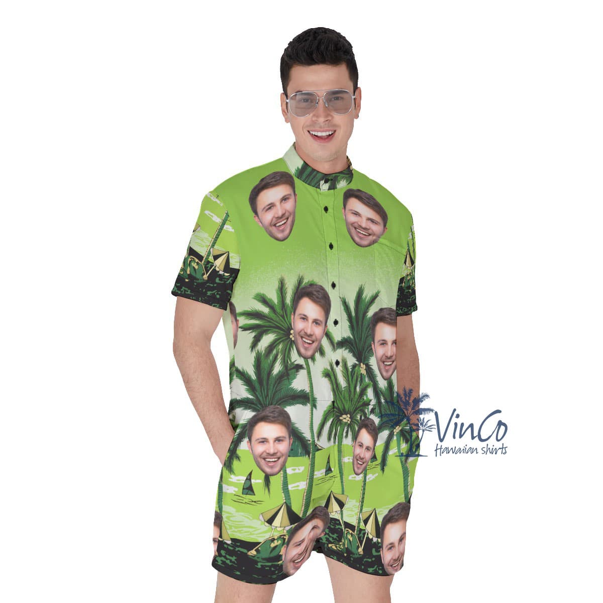 Green Beach Men's Hawaiian Romper With Multiple Faces (2)