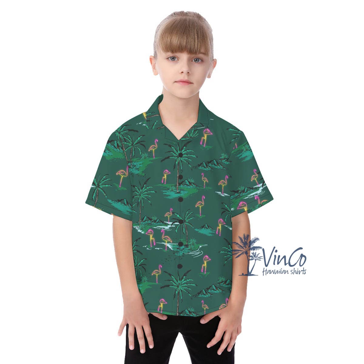 Green Flamingo Hawaiian Button Up Shirt For Kids (1)