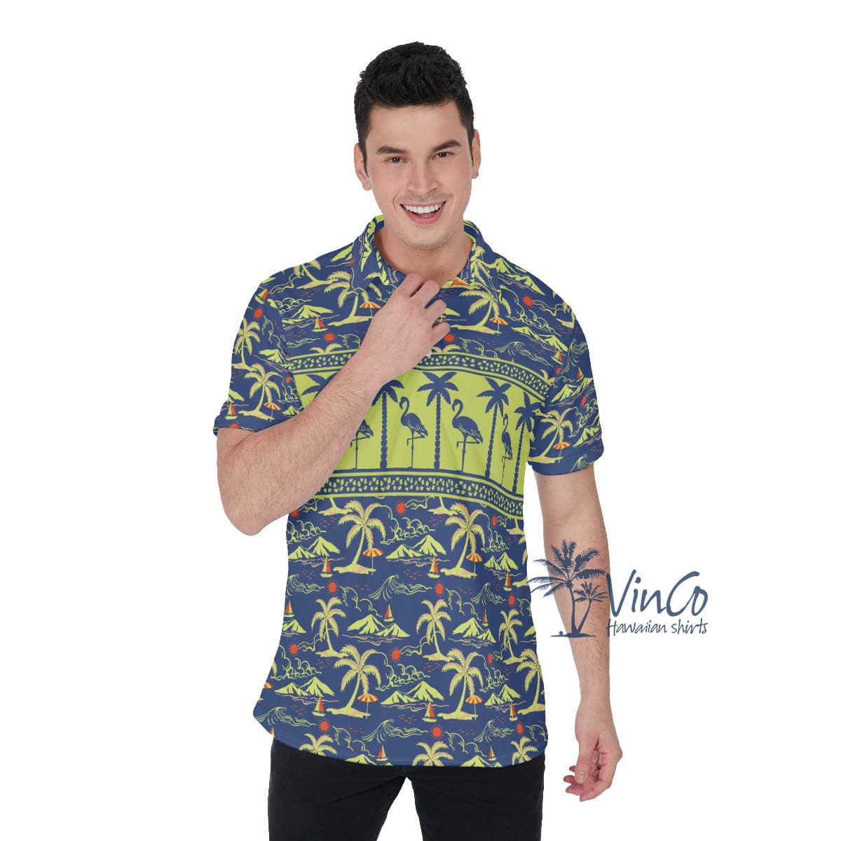 Green Flamingo Hawaiian Polo Golf Shirt For Men (1)