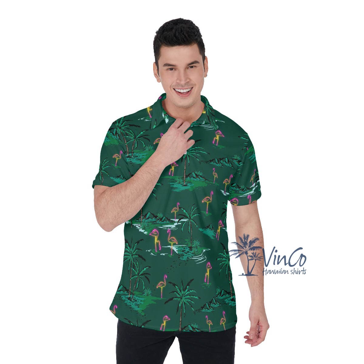 Green Flamingo Hawaiian Polo Shirt For Men (1)