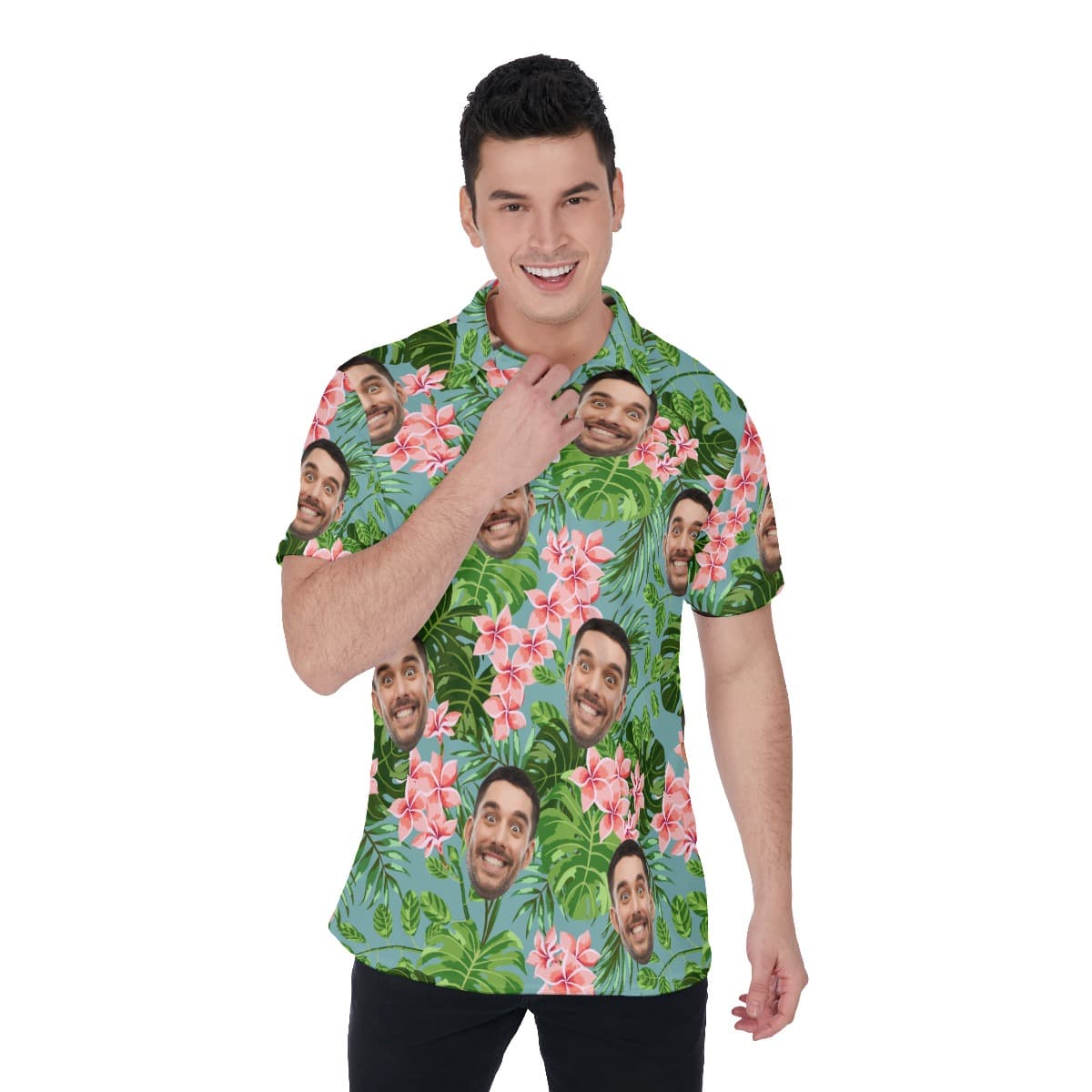 Green Tropical Custom Face Hawaiian Polo Shirt For Men (1)