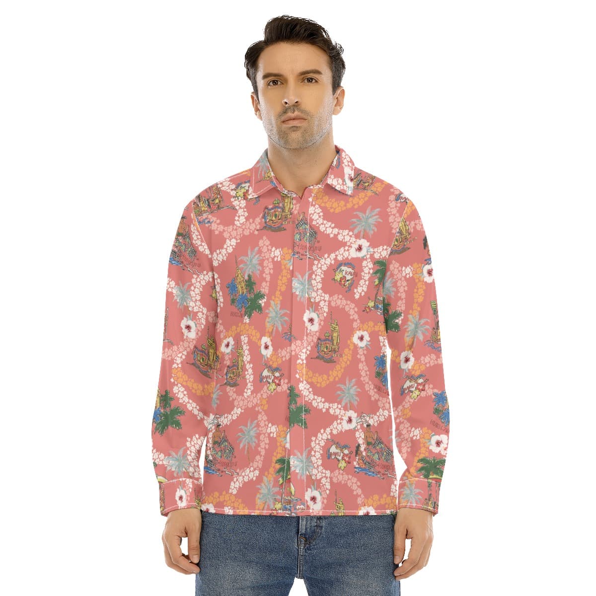 Hawaii Landscape Floral Hawaiian Long Sleeve Shirt For Men