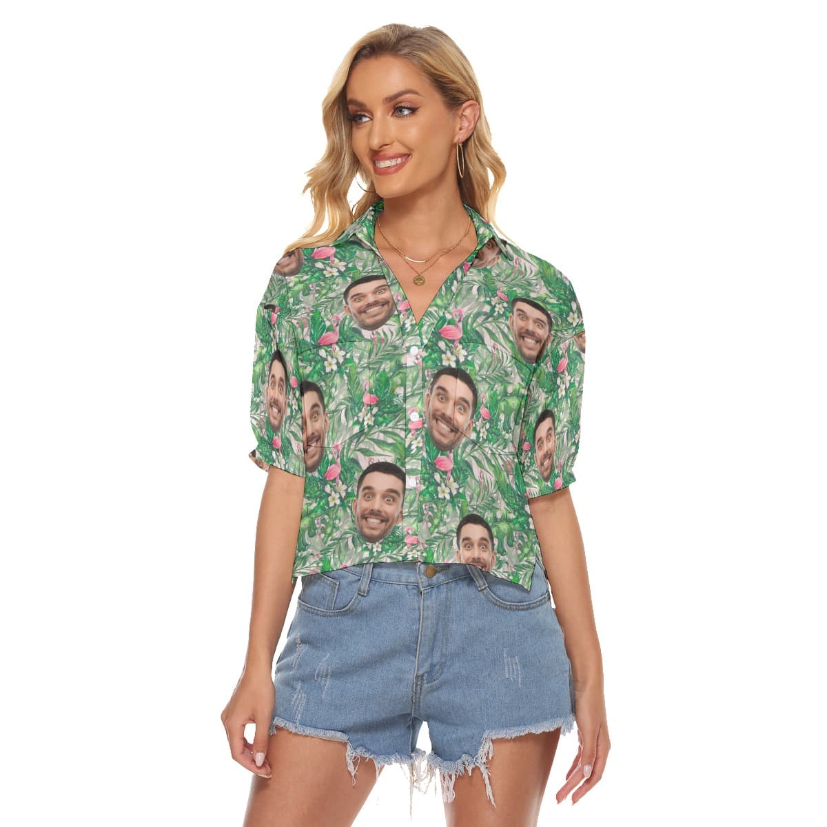 Hawaiian Cropped Shirt With Custom Face For Women (1)