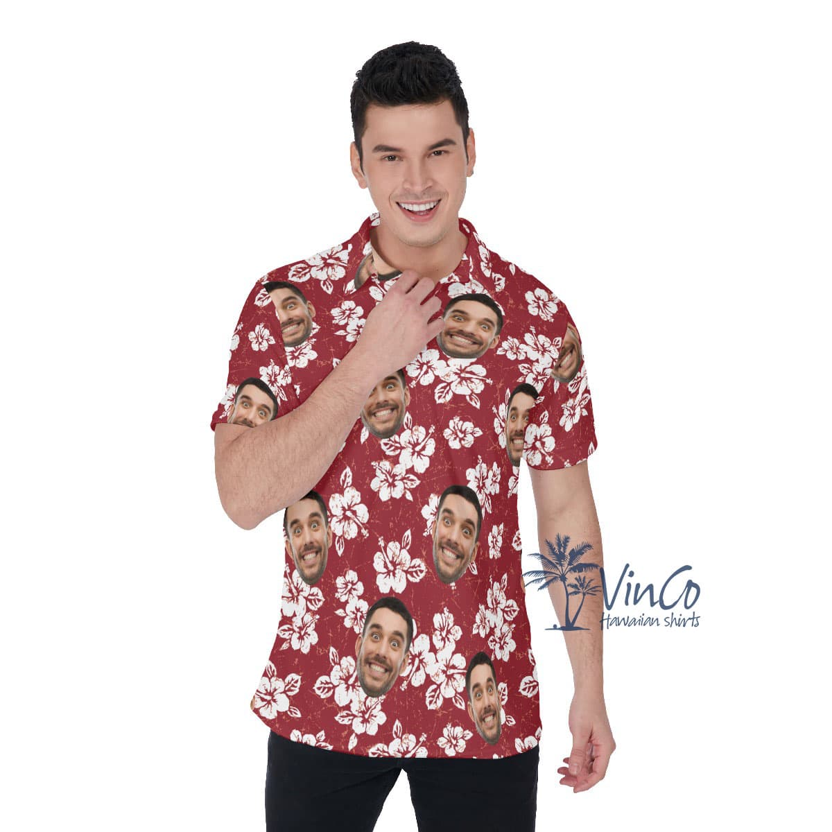 Hibiscus Floral Custom Face Men's Collared Shirt With Preview (2)