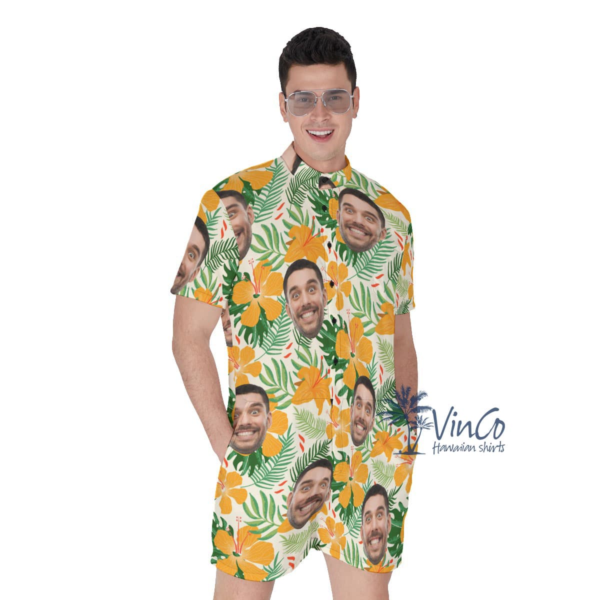Hibiscus Floral Custom Hawaiian Men's Romper With Face (1)