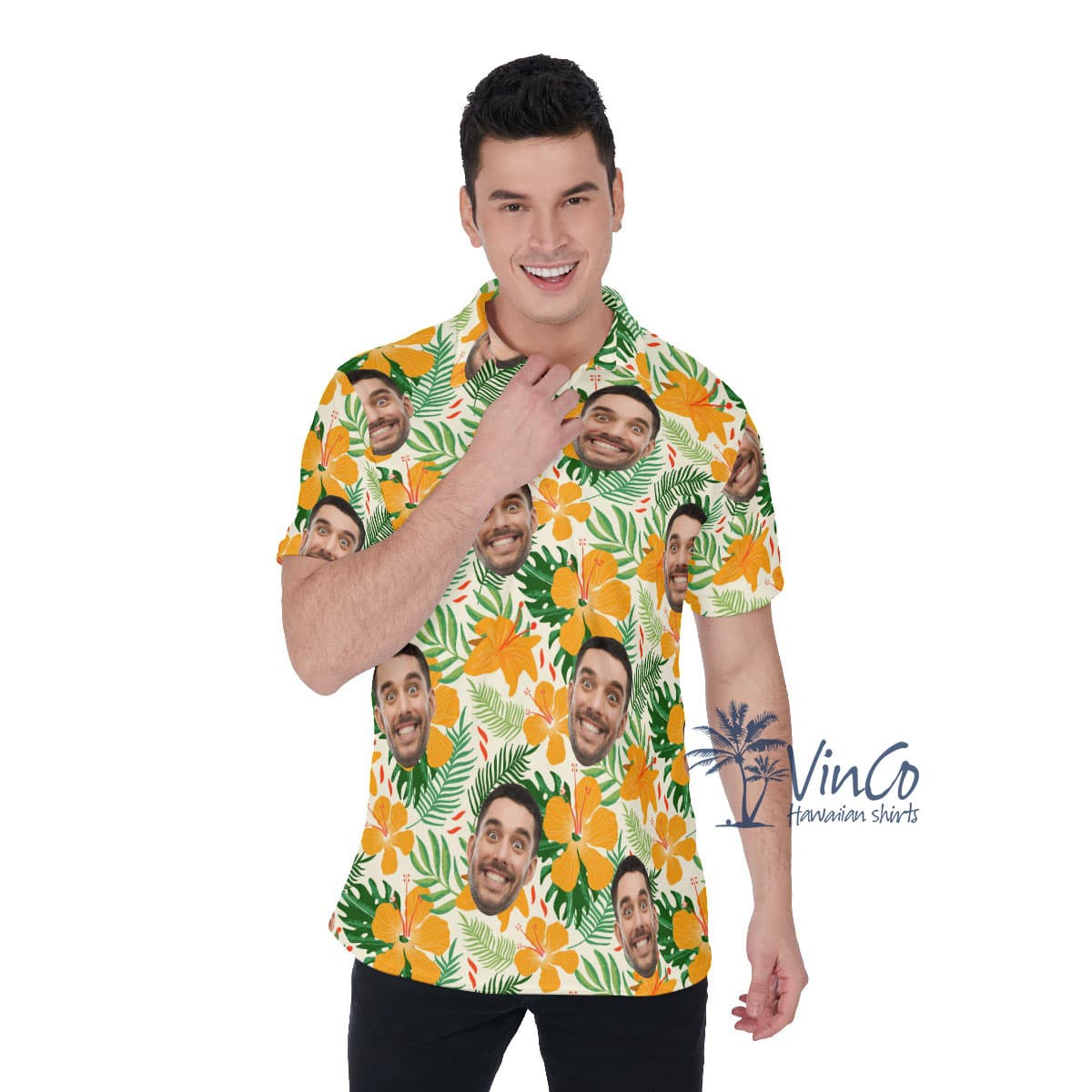 Hibiscus Floral Personalized Hawaiian Polos With Face (1)
