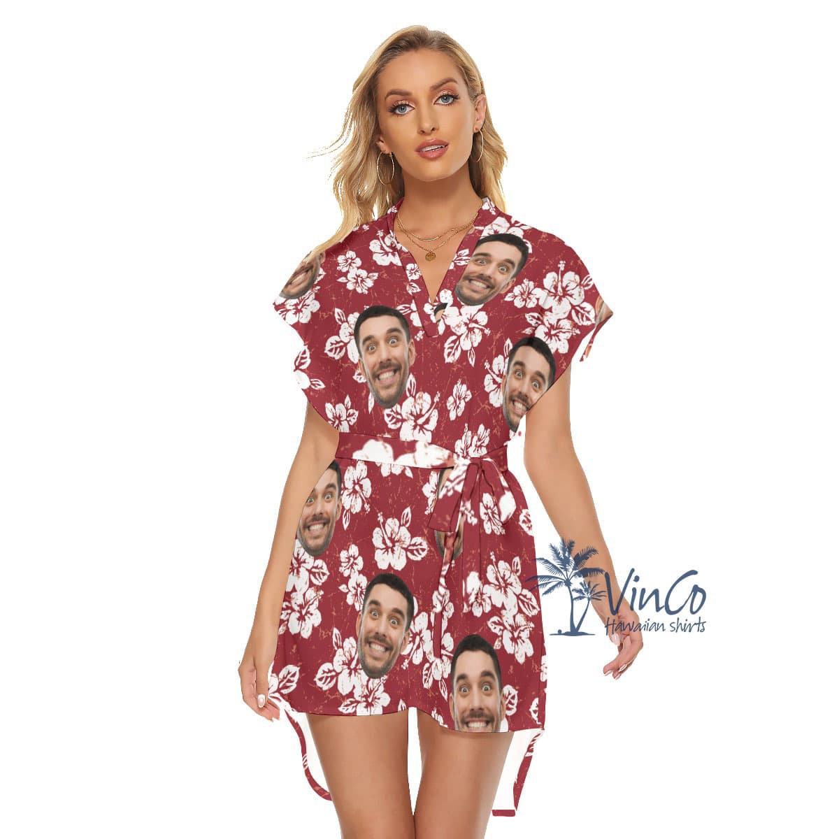 Hibiscus Red Custom Face Women's Dress With Belts (1)