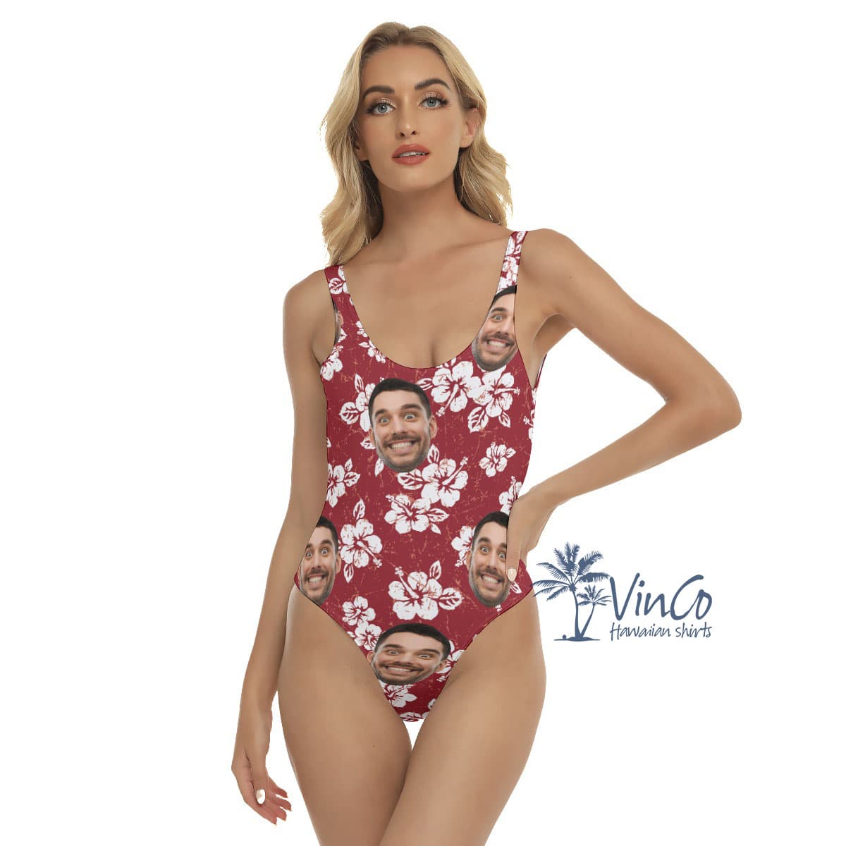 Hibiscus Red Women's Swimsuit With Custom Face (2)