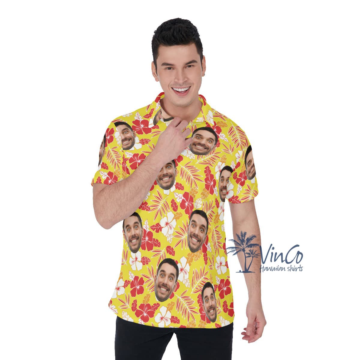 Hibiscus Yellow Custom Face Men's Hawaiian Polo Shirt (1)