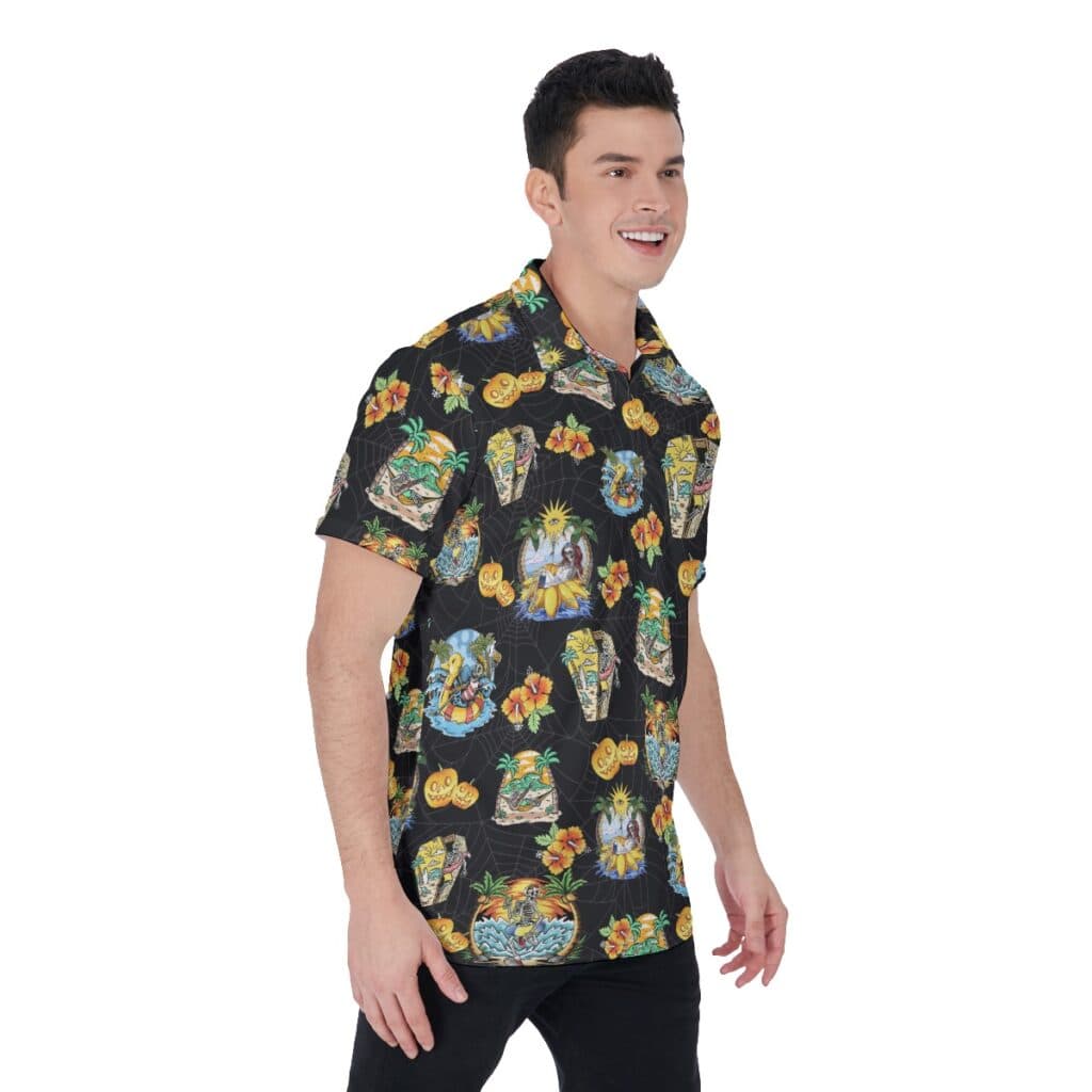 Horror Skeleton Vacation Black Hawaiian Polo Shirt