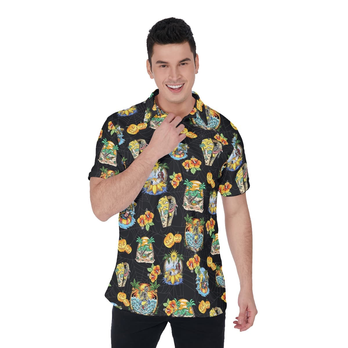 Horror Skeleton Vacation Black Hawaiian Polo Shirt