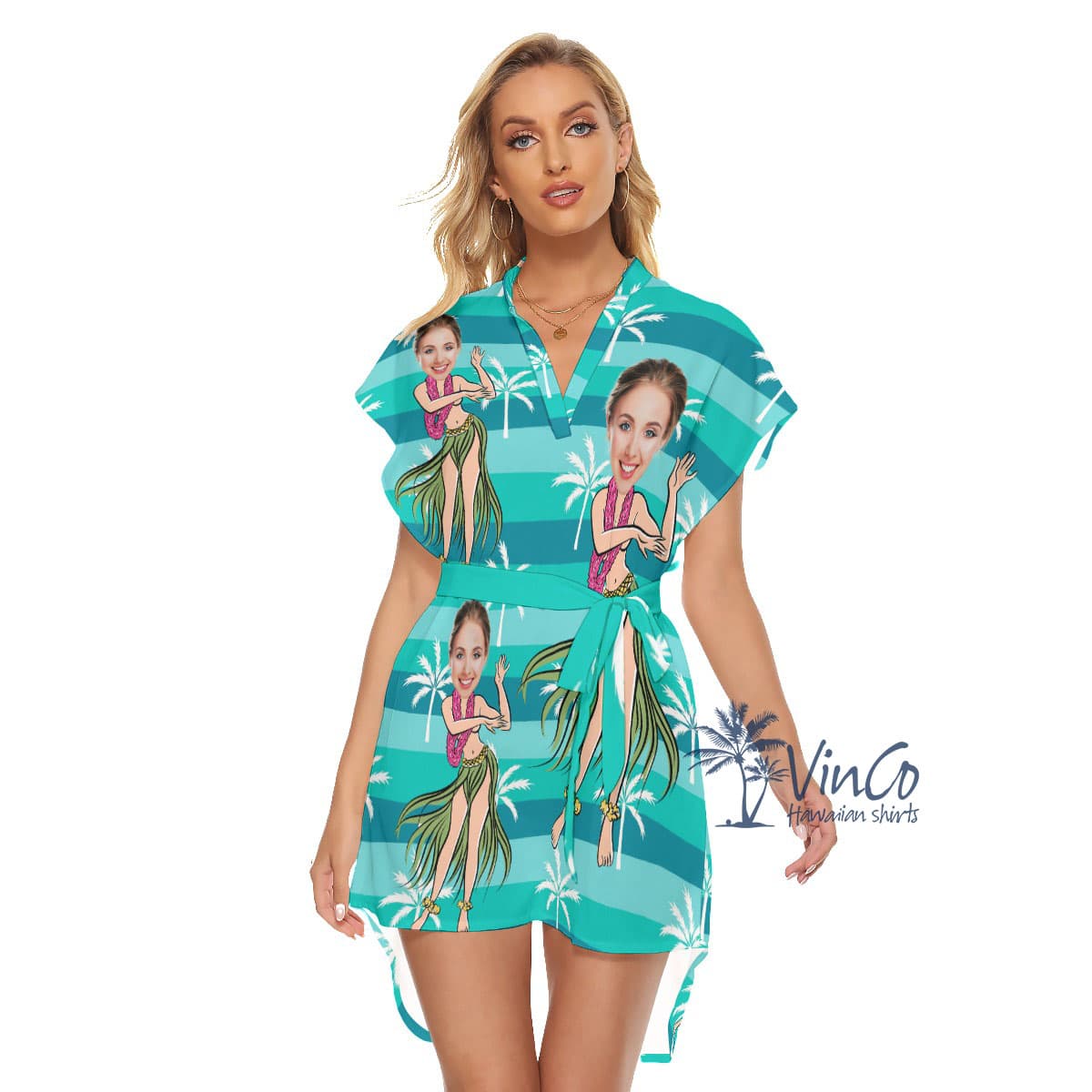 Hula Girl Funny Custom Hawaiian Belted Dress With Photo (1)