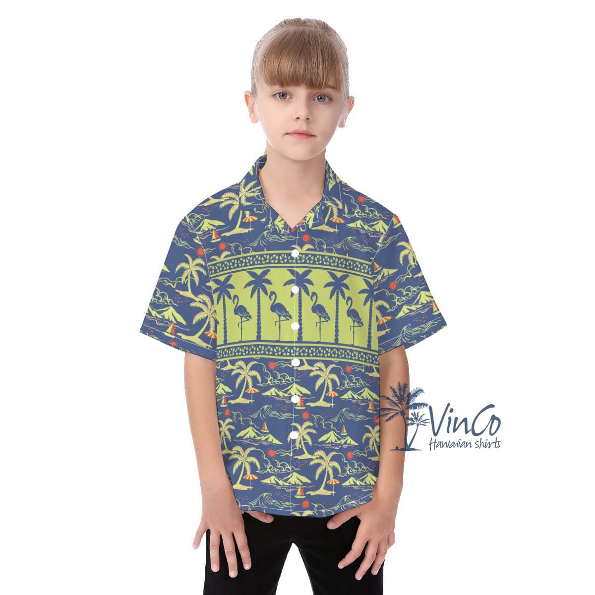 Kid’s Flamingo Hawaiian Button Up Shirt (1)