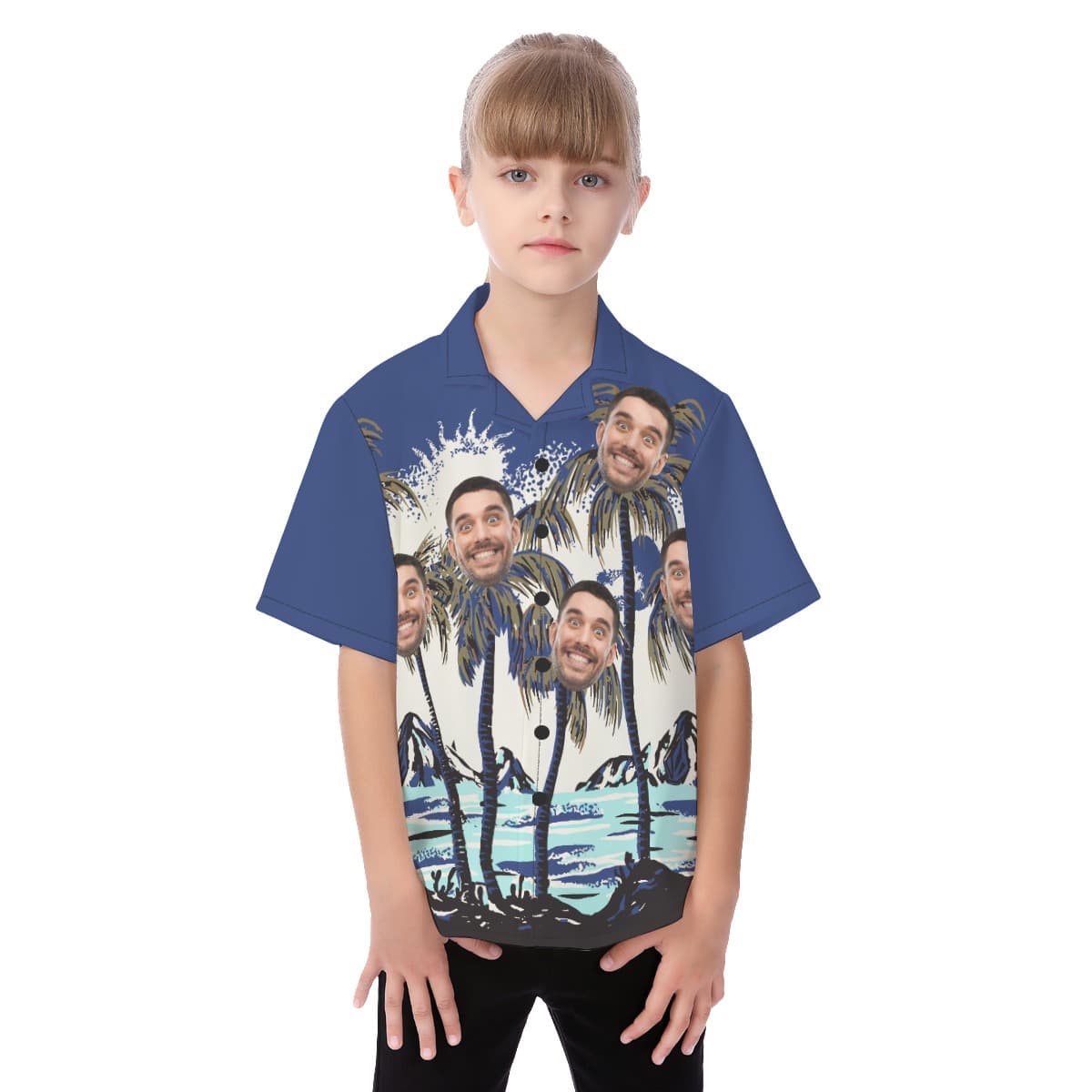 Kid’s Funny Navy Custom Multiple Faces Palm Tree Hawaiian Shirt (1)