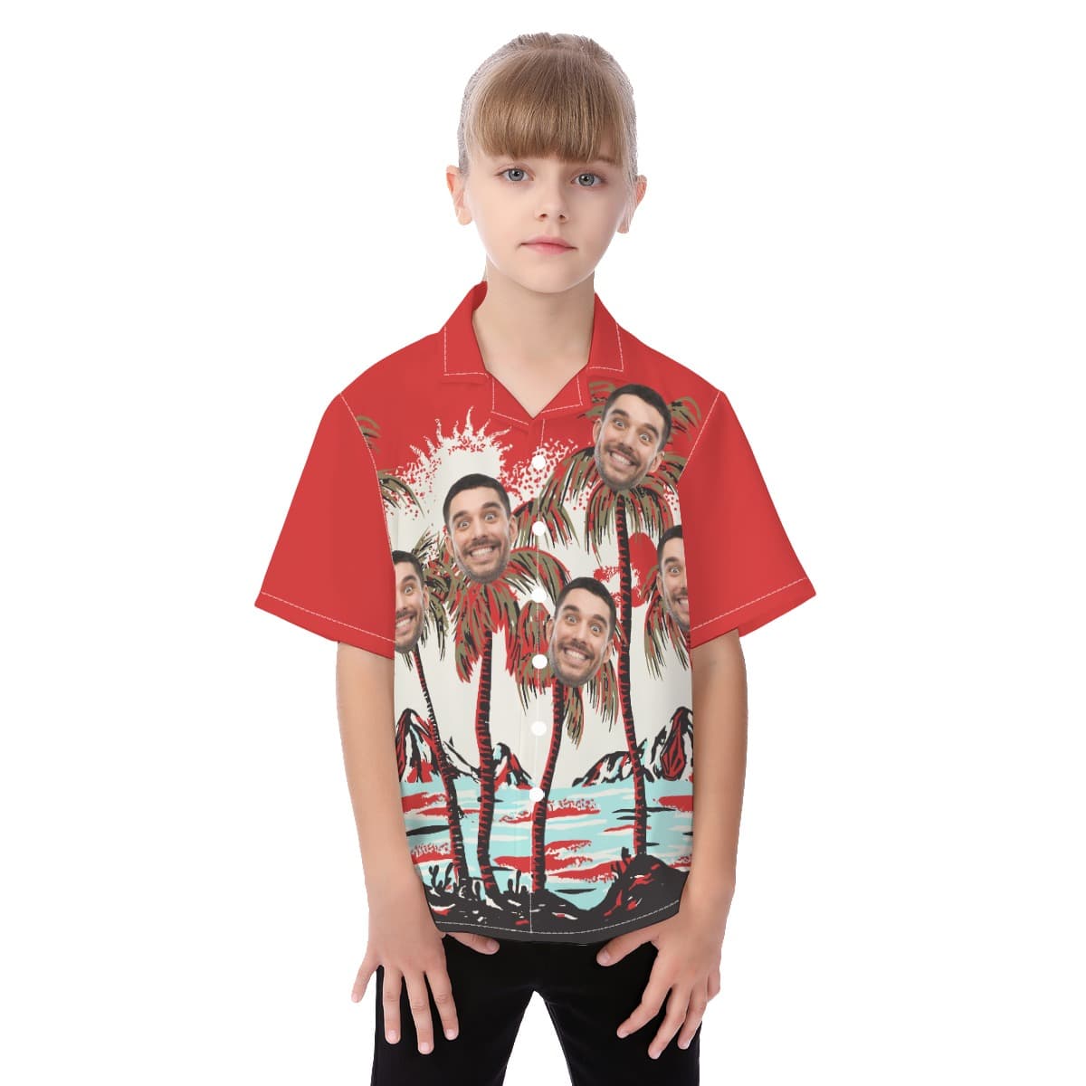 Kid’s Red Tropical Custom Hawaiian Shirt With Face (1)