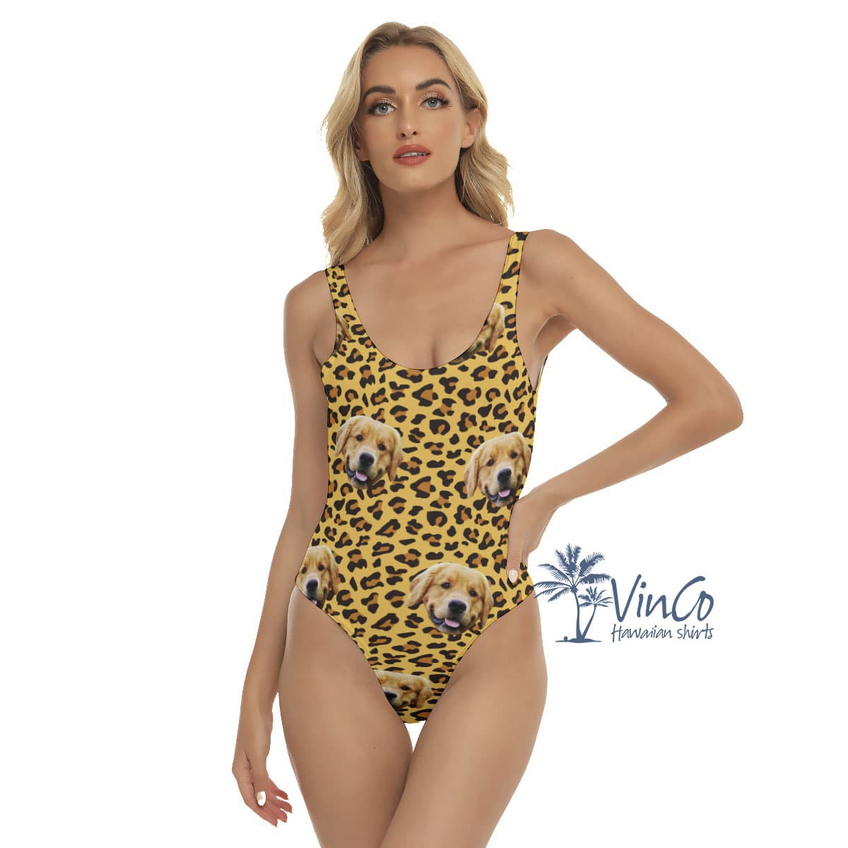 Leopard Custom Dog Face Hawaiian Swimsuit For Women (1)