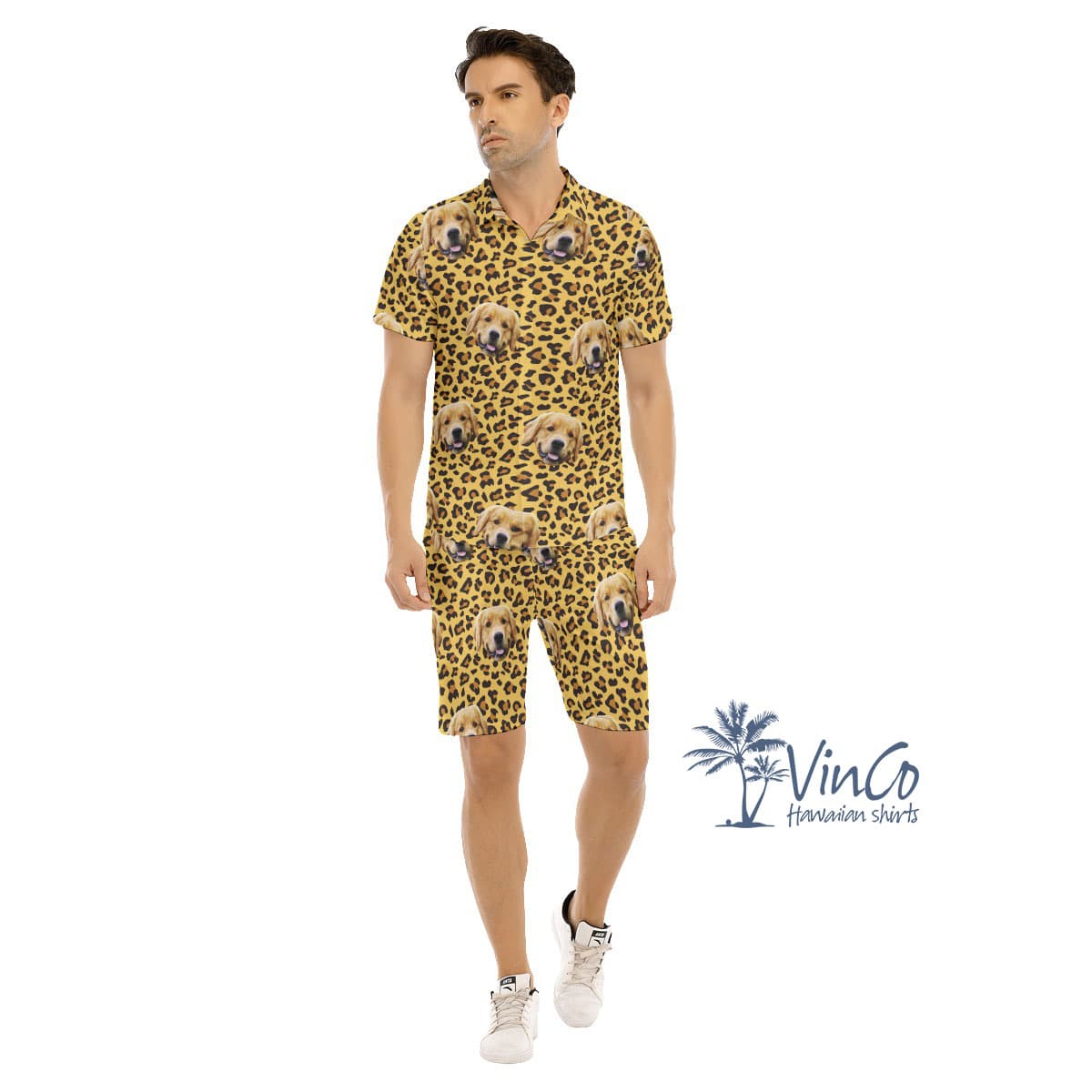 Leopard Custom Men's Hawaiian Shirt And Shorts Set With Dog Face (3)