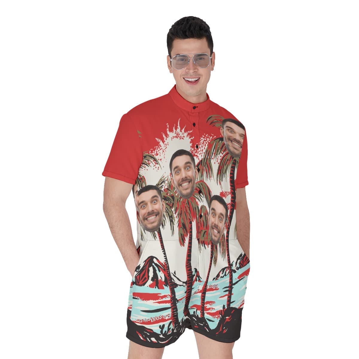 Men’s Custom Face Hawaiian Romper Tropical Red Print (1)