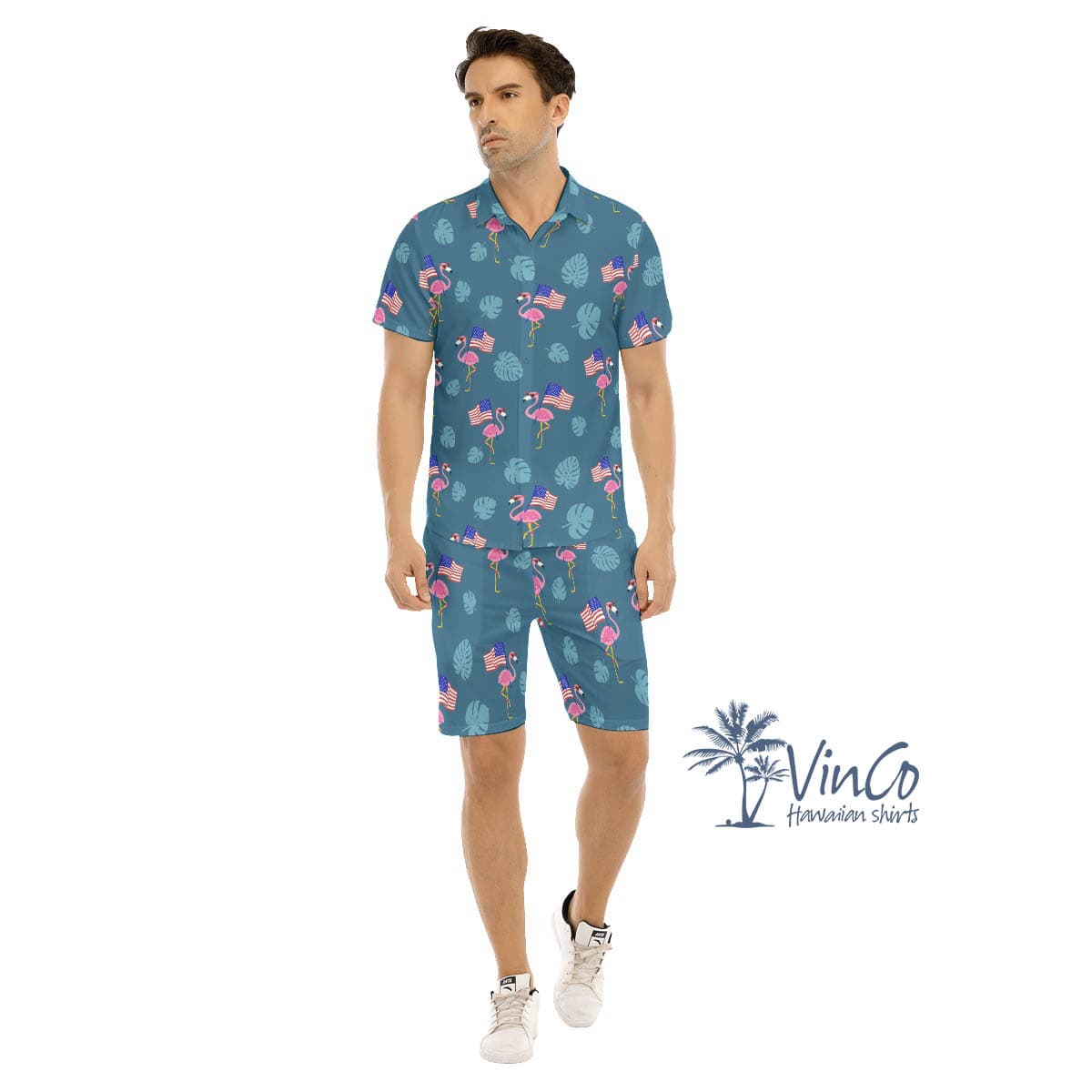 Men’s Flamingo Patriotic Hawaiian Shirt Shorts Set (1)