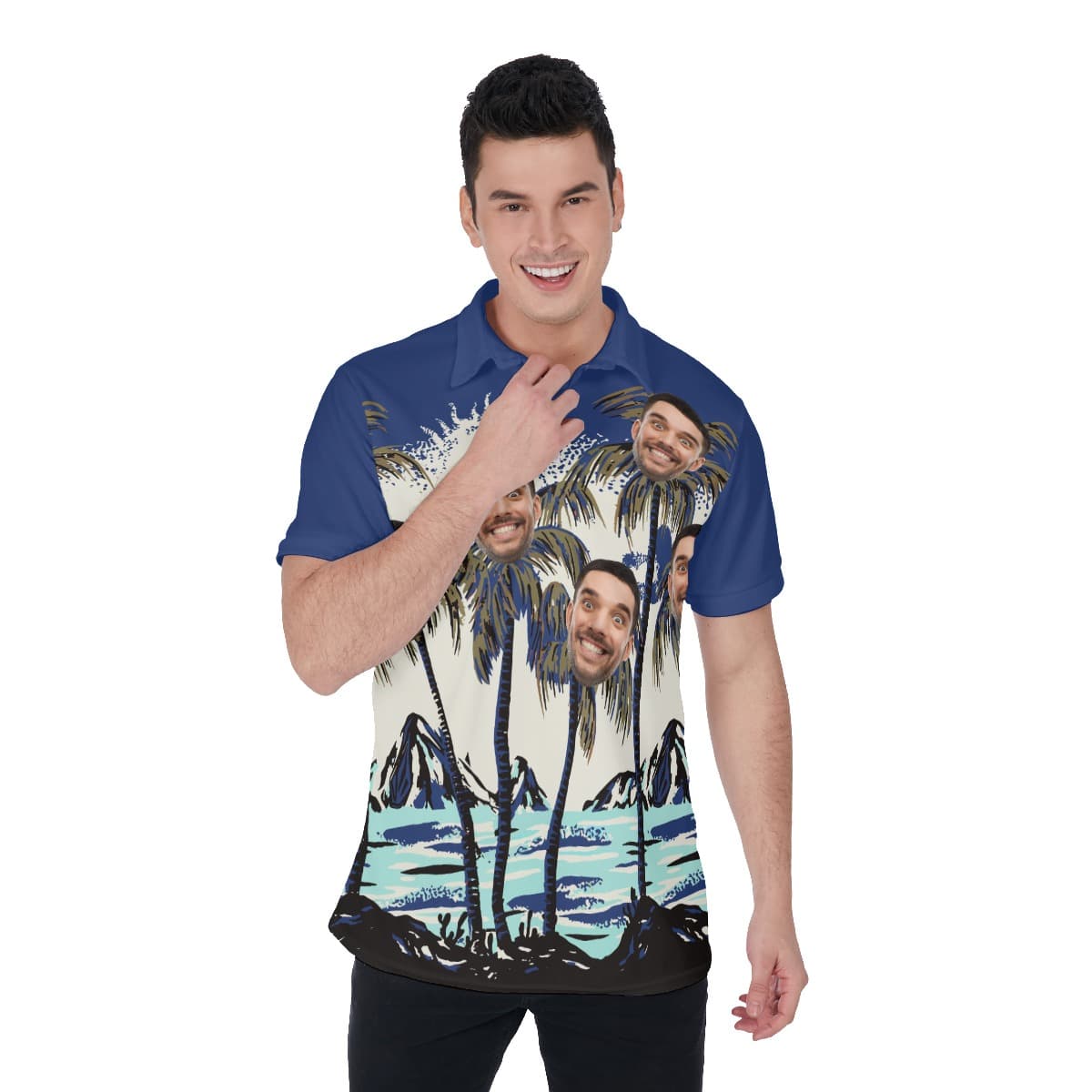 Men’s Navy Blue Custom Face Hawaiian Polo Shirt (1)