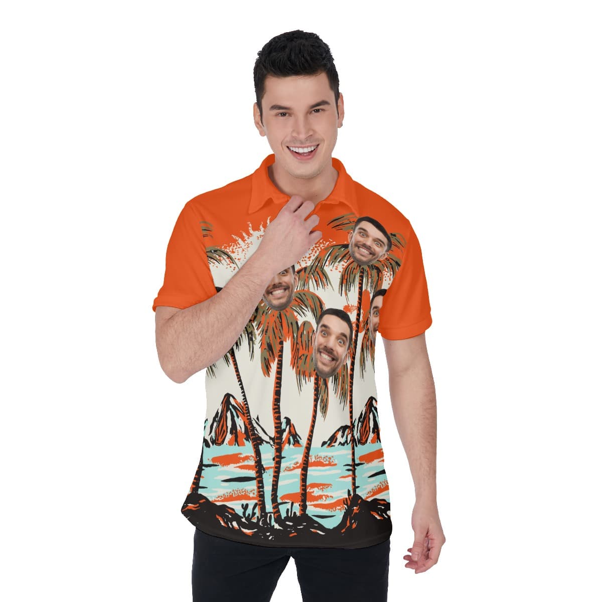 Men’s Orange Hawaiian Polo Shirt With Custom Face (1)