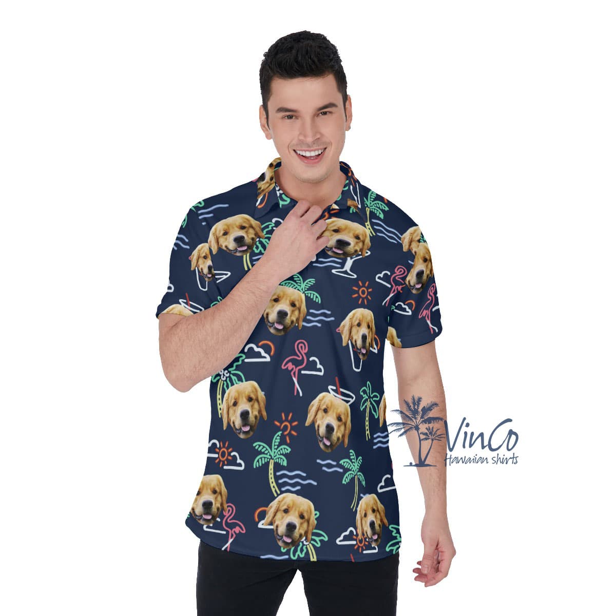 Navy Custom Hawaiian Men's Polo Shirt With Dog Face (1)