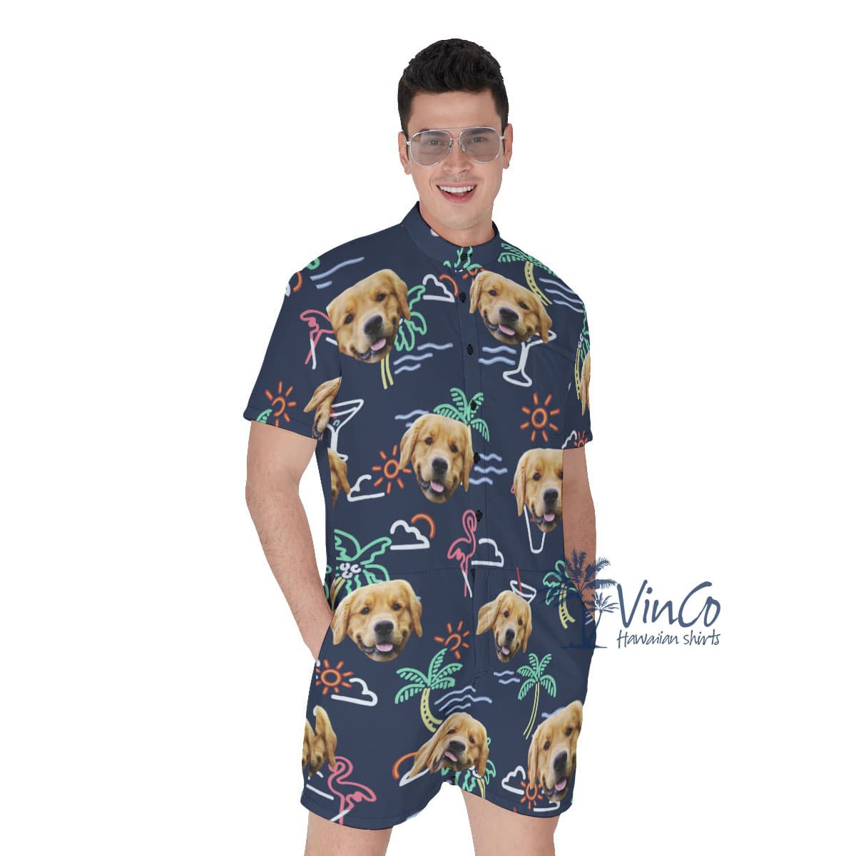 Navy Flamingo Custom Hawaiian Shirt With Dog Face (1)