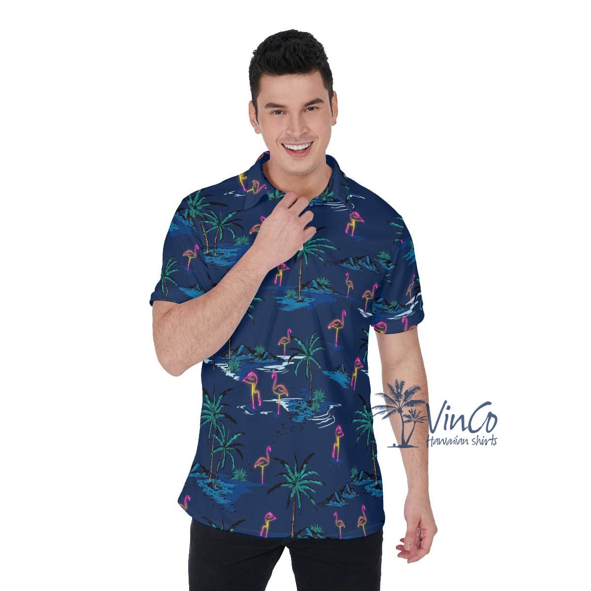 Navy Flamingo Hawaiian Golf Shirt For Men (1)