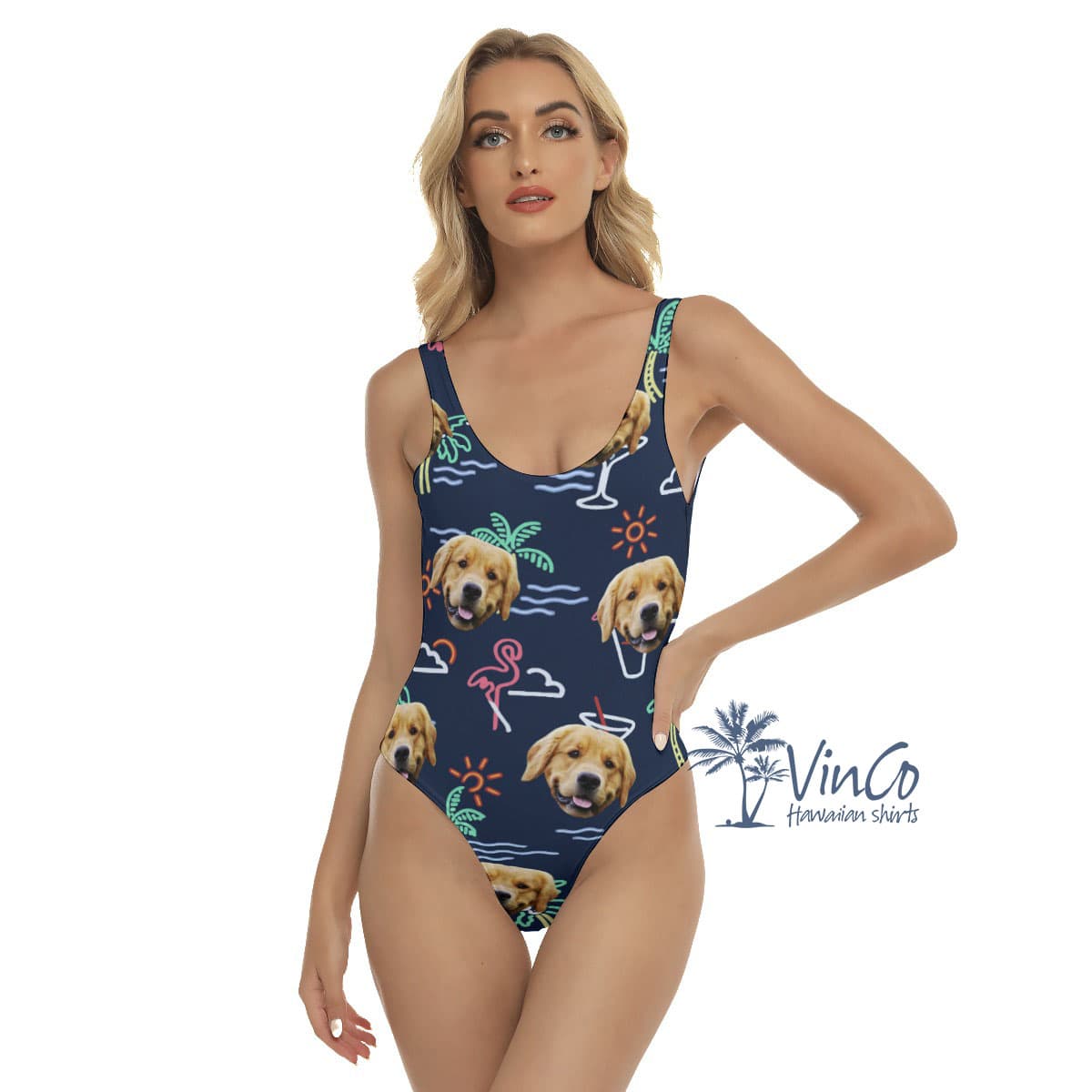 Navy Flamingo Personalized Women's Swimsuit With Dog Face (3)