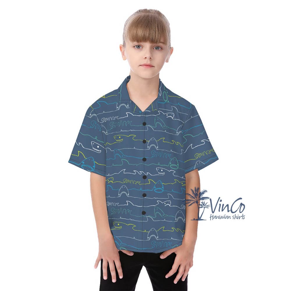 Navy Shark Kid’s Hawaiian Shirt (2)