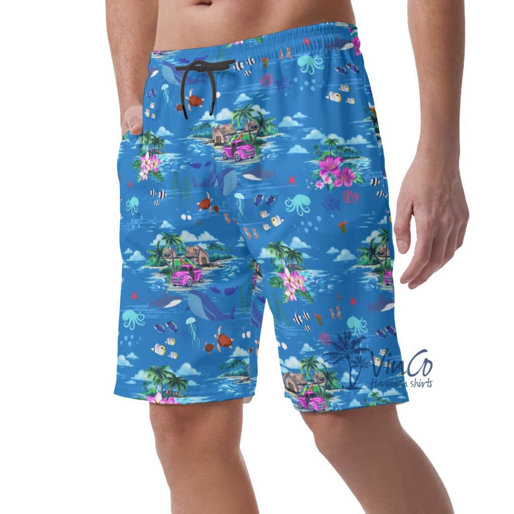 Ocean Creatures Tropical Blue Hawaiian Beach Shorts For Men