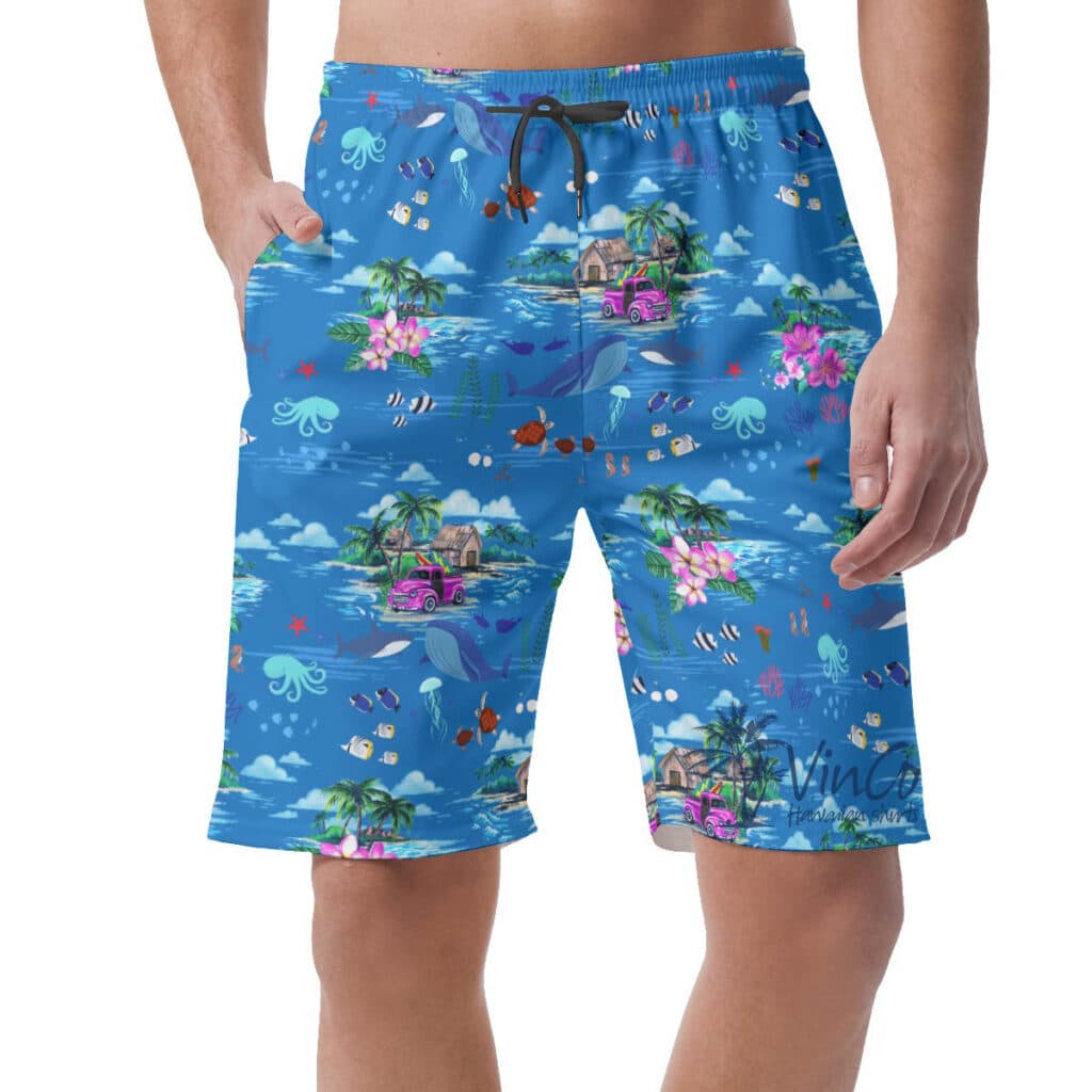 Ocean Creatures Tropical Blue Hawaiian Beach Shorts For Men