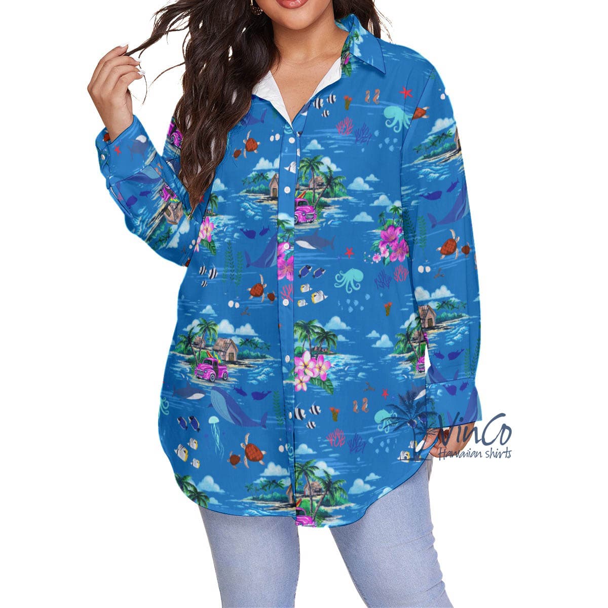 Ocean Whale Tropical Blue Hawaiian Plus Size Shirt For Women