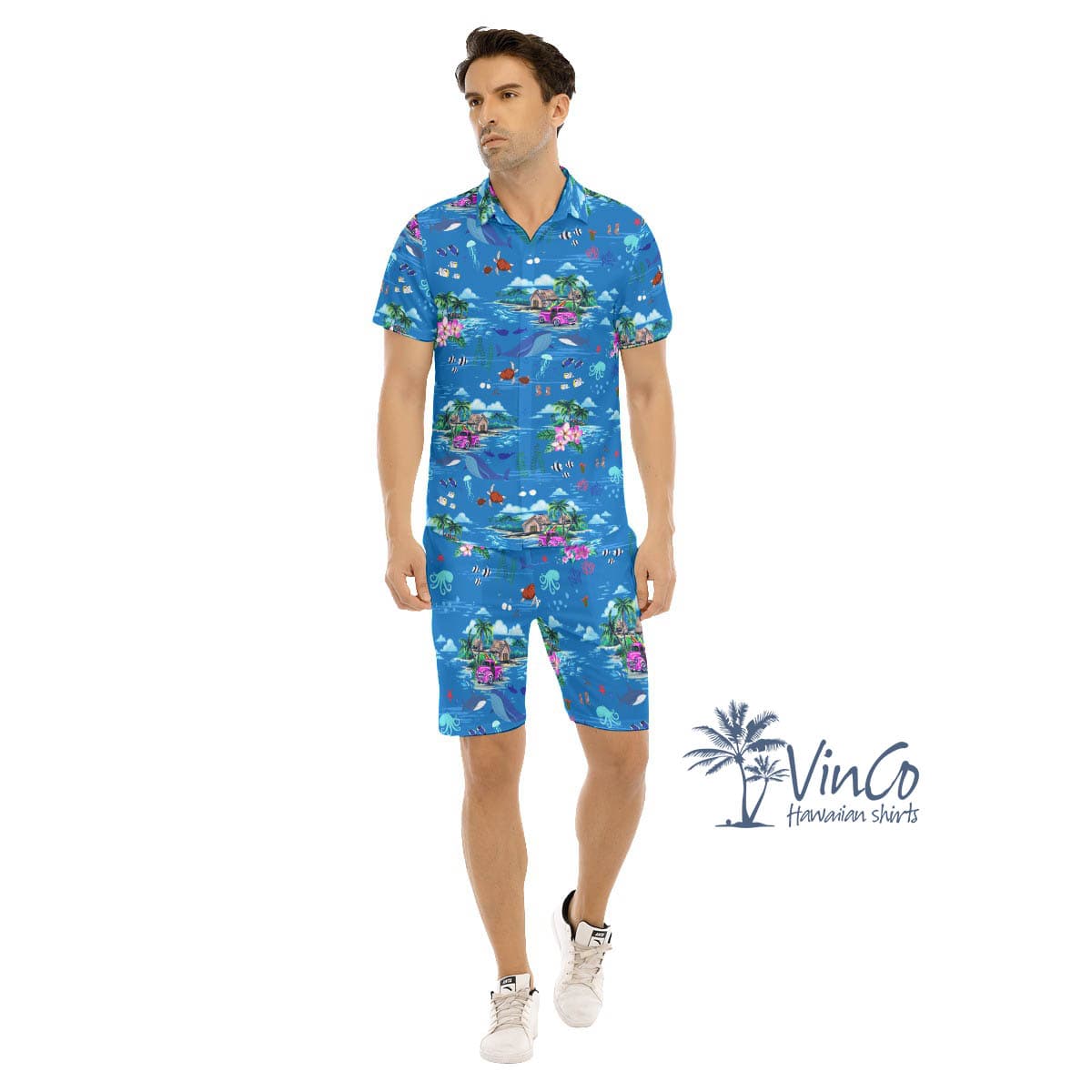 Ocean Whale Tropical Blue Hawaiian Shirt And Matching Shorts For Men