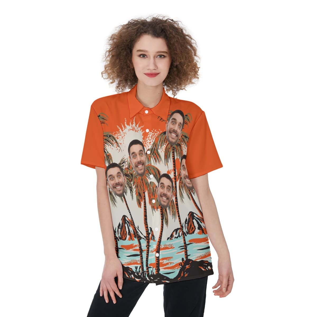 Orange Custom Multiple Faces Aloha Shirt For Women (2)