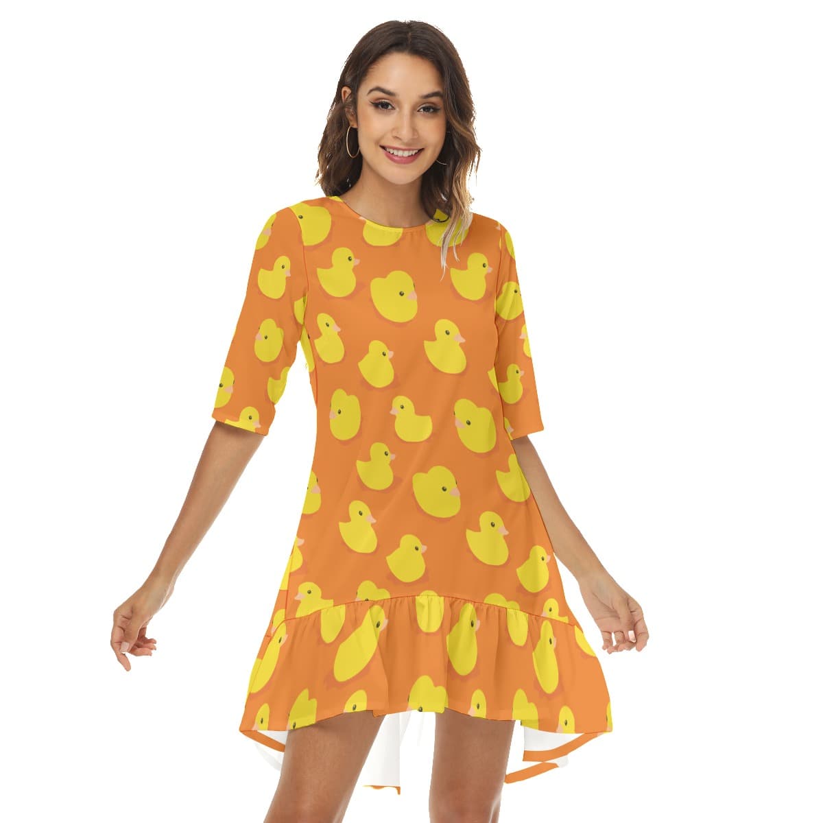 Orange Rubber Duck Hawaiian Half Sleeve Dress With Ruffle Hem